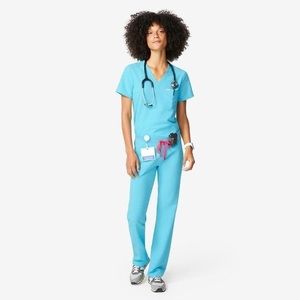 Neon blue Kade FIGS Scrub set. Top-small, Bottom-medium/regular length
